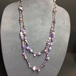 Long Double Strand Necklace Purple Mother Of Pearl Shell Silver Round Beach Retr
